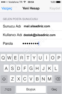 Daha sonra Gelen Posta Sunucusu bölümünün altında bulunan Sunucu Adı, Kullanıcı Adı, Parola bilgilerini giriyoruz. Burada dikkat edilmesi gereken Sunucu Adı kısmını mail.sizindomainadresiniz.com şeklinde doldurmanızdır.