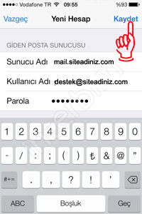 Aynı ekranda bulunan Giden Posta Sunucusu bölümünü de dolduruyoruz.